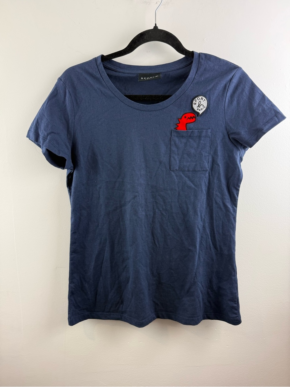 SPORT b. Agnes B Navy Blue Dino Patch Pocket T-Shirt S/M